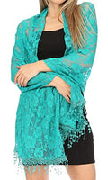 Sakkas Mari Women's Large Lightweight Soft Lace Scarf Wrap Shawl Floral and Fringe - color: Roseturquoise