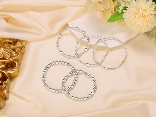 XIANNVXI 5PC Platinum Plated Silver Beaded Bracelet for Women Stretch Elastic Stackable Bead Ball Bracelet Trendy Set Women Dainty Jewelry - color: Silver B
