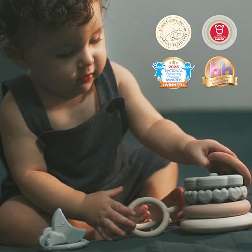 Moonkie Stacks of Circles Soft Teething Toy | Educational Learning Baby Toy | Stacking Ring Toys for Babies Boy and Girl | 7 Piece Teethers Set (Nature) - color: Nature