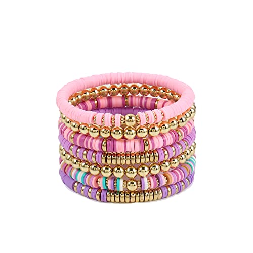 Elegance 11 designs Heishi Beaded Bracelets For Women Polymer Clay Colorful Surfer Stackable Beads Boho Bracelet Summer Beach Jewelry - color: Purple
