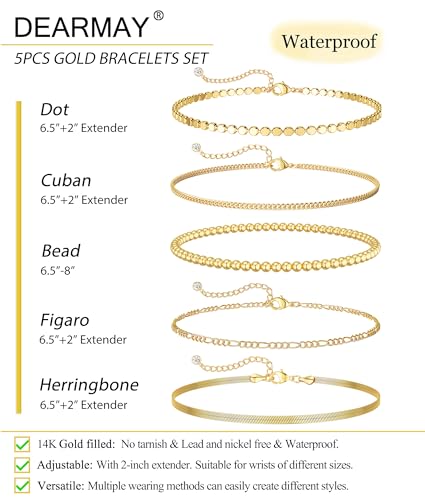 Dearmay Gold Bracelets for Women Waterproof, 14K Gold Plated Minimalist Bracelets Stack Non Tarnish Trendy Dainty Herringbone Vintage Cuban Paperclip Rope Thin Box Link Chain Stackable Jewelry Sets Modern Fashion Accessories Gifts for Womens - style: 5Pcs
