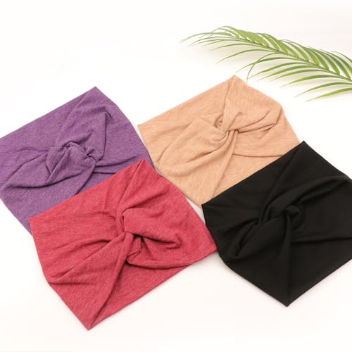 AQOKKA Extra Wide Headbands for Women Large Turban Headband Non Slip Boho Elastic Hairband Hair Twisted Knot Head Bands Accessories - color: 4 Pcs: Dark Purple, Begonia Red, Beige, Black