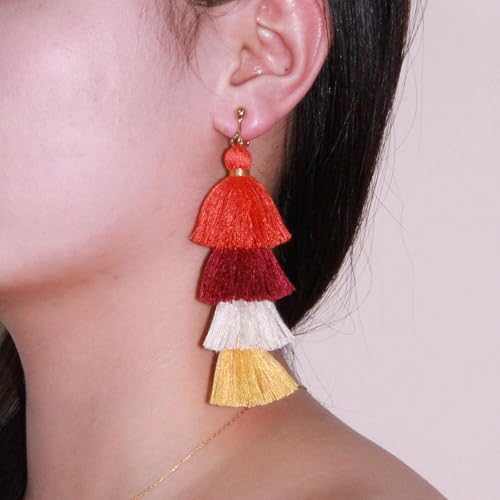 Clip on Earrings, Lightweight Colorful Layered Tassel Bohemian Statement Tiered Big Dangle Drop Earrings for Women, Non Pierced, Boho Jewelry - color: Maroon