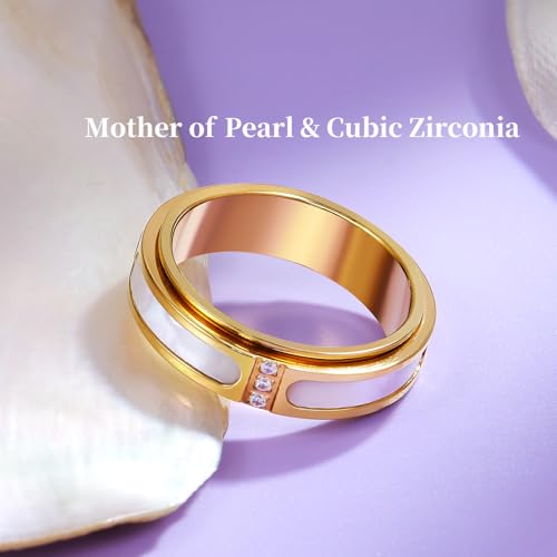 Fidget Spinner Ring for Women:18K Gold Plated Stainless Steel with Mother of Pearl Shell & Cubic Zirconia, Anxiety Relief Spinning Jewelry Gift for Birthday Wedding Engagement Anniversary - color: CZ Shell Spinner Ring_Gold, size: Size 9