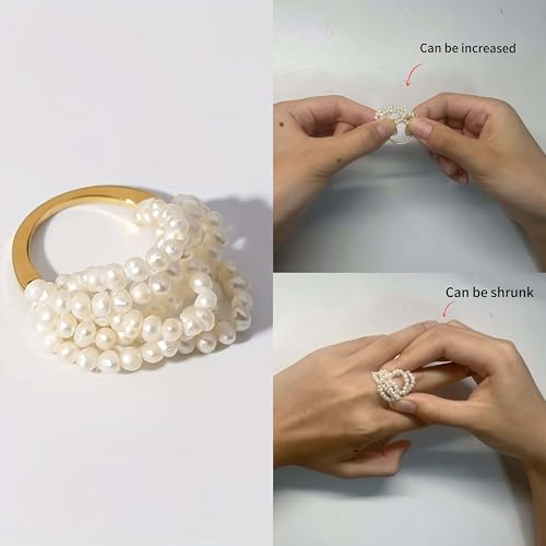 ZFAIRY 18K Gold Natural Freshwater Pearl Ring, Multi-Layer Baroque Rice Pearl Design, Hand-Woven Adjustable Statement Ring for Men and Women
