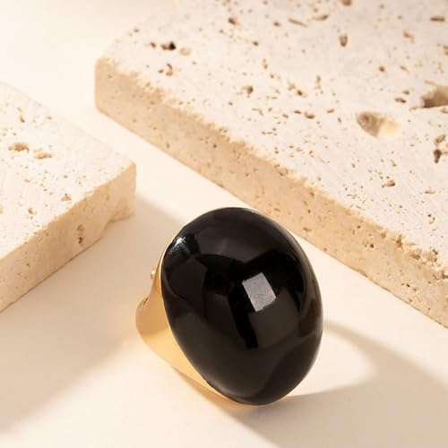 Kokoma Geometric Oval Statement Ring for Women Minimalist Open Adjustable Ring Gold Plated Bold Dome Cocktail Rings Promise Anniversary Band Jewelry - color: Black
