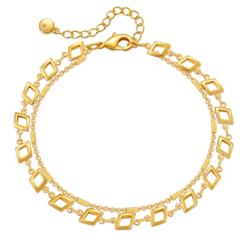 Yumikoo 18k Gold Plated Anklet Ankle Bracelets for Women - style: Geometric diamond multi-chain