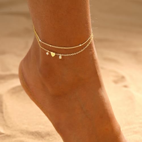 ASCOMY Ankle Bracelets for Women 14K Gold/Silver Plated Anklets for Women Waterproof Layered Cute Beads Dot Shining Twist Rope Chain Pearl Bar Link Heart Anklets Summer Beach Foot Chain Jewelry Gifts - style: CZ Heart Satellite-GD