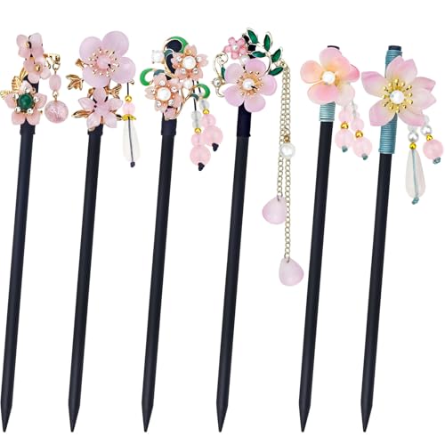 6 Pack Vintage Wooden Hair Sticks for Women, Handmade Chinese Flower Hairpins with Bead Pendants, Traditional Japanese Hair Chopsticks for Buns, Retro Hair Styling Accessories - color: Pink