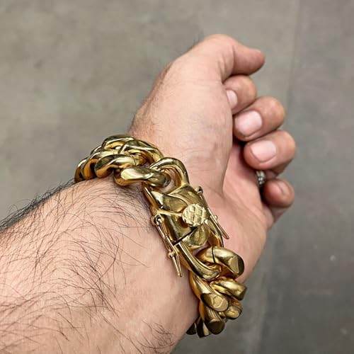 CG&KYGG 12MM 14K Gold Plated Cuban Link Bracelet for Men, Chunky 316L Stainless Steel Chain Necklace for Women, Gift for Birthday & Holiday(Delicate Package, Double Safety Clasp with 14K Stamp) - style: 18mm 14k gold bracelet