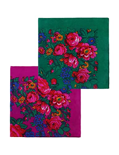 MJ SERECA Acrylic Bandana Printed Hair Scarf Square Ukrainian Head Scarf Floral Babushka Neck Scarf for Women 30"/42"/60" - color: 2 Pack-e 42"