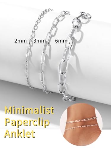ChainsHouse Ankle Bracelets for Women, Stainless Steel Chain Anklets Waterproof, Women Summer Beach Jewelry Gift, Come with Box - color: 02. 2Pcs-(2+3mm)-Paperclip-Steel