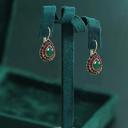 Unique Bohemian Vintage Sparkly Crystal Colorful Round Flower leverback earrings Boho Retro Bronze Circle Beaded Flower Floral Dangle Drop Earrings for Women - color: Green 8