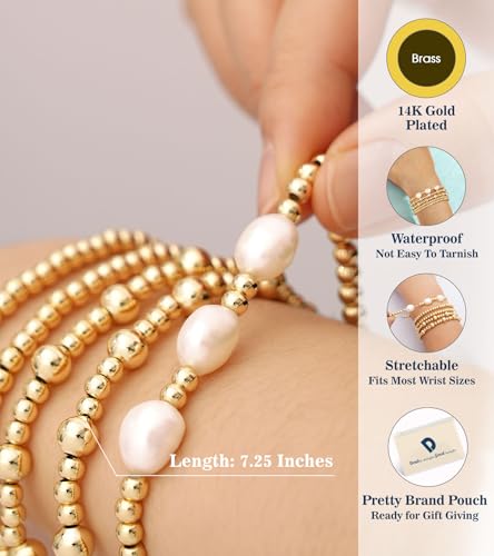 doubgood Gold Bracelets for Women, 5 Piece 14K Gold Plated Bracelet Stack Beaded Ball Jewelry Sets Gifts for Women - color: Style 2-Gold-7.25IN