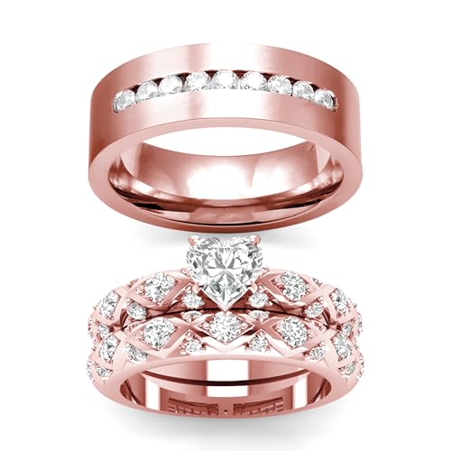 3Pcs Moissanite Wedding Rings Sets for Couples, s925 10K 14K 18K Real Gold Wedding Rings Sets for Him and Her, Customized Matching Engagement Bands Set for Men and Women Free Engraving - style: Style-10