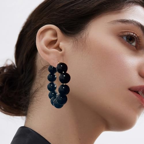 Summer Candy Colored Bead Earrings Lightweight Dainty Acrylic Geometry Hoop Earrings for Women Cute Boho Chic Handmade Jewelry - color: Black