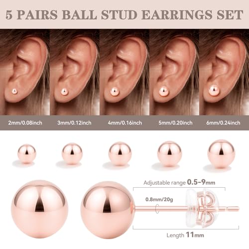 Sterling Silver Earrings for Women: Hypoallergenic 925 Sterling Silver Round Ball Stud Earrings for Women Multiple Piercing 5 Pairs Tiny Stud Earrings 2mm 3mm 4mm 5mm 6mm - style: Rose gold stud earrings