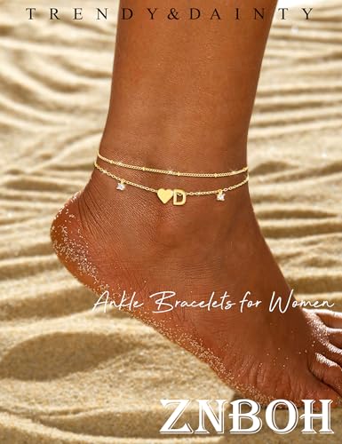 Silver Ankle Bracelets For Women 14k Gold Plated Initial Anklets For Women Waterproof Non Tarnish Dainty Layered CZ Letter A-Z Heart Charm Anklet Set Summer Beach Foot Chain Jewelry Gift - color: Gold