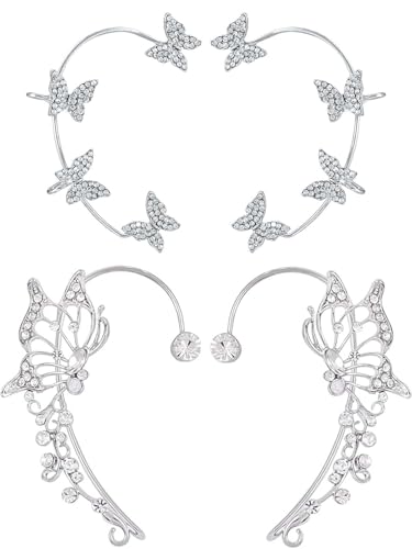 2Pcs Rhinestone Butterfly Earrings Ear Cuffs Non-Pierced Fake Earrings Butterfly Climber Wrap Around Earring Dainty Adjustable Ear Clip Jewelry for Women - color: StyleA-2 Pairs-Silver