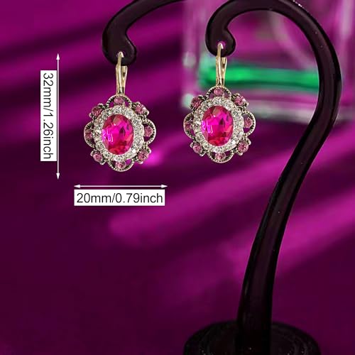 Handmade Bohemian Vintage Gold Sparkly Crystal Round Flower Leverback Earrings Cute Rhinestone Geometry Dangle Drop Earring for Women - color: Rose Red