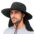 PFFY Sun Bucket Hats for Men Women Fishing Hat UV Protection Wide Brim Beach Safari Hat with Neck Flap - color: Black (With Neck Flap)