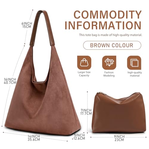 2-Piece Vegan Leather Purse Set for Women: Slouchy Hobo Shoulder Bag & Suede Tote Bag - color: Brown2