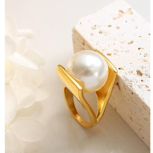 OIDIMS Exaggerated Pearl Statement Band Ring Stainless Steel Y Shaped Unique Style Big Rings Personalized Finger Comfort Fit Jewelry for Women Fashion Gift Birthday Xmas - size: 8
