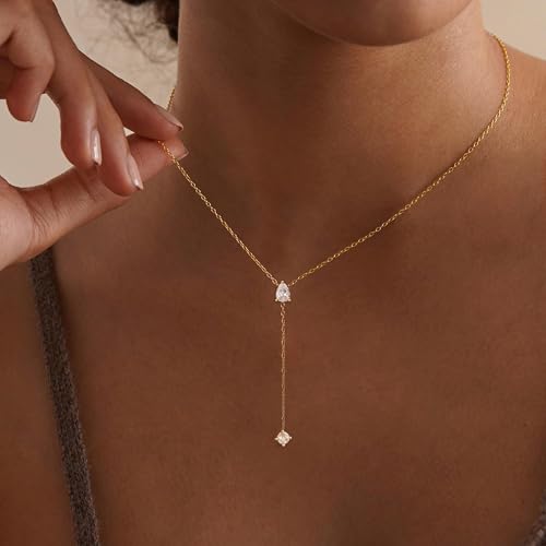Gold Necklace for Women - Dainty Long Lariat Necklace 14K Gold Plated Clover Star Teardrop CZ Y Shaped Drop Necklaces Cute Long Necklaces for Women Trendy Prom Formal Womens Jewelry - color: Gold-LX Drop