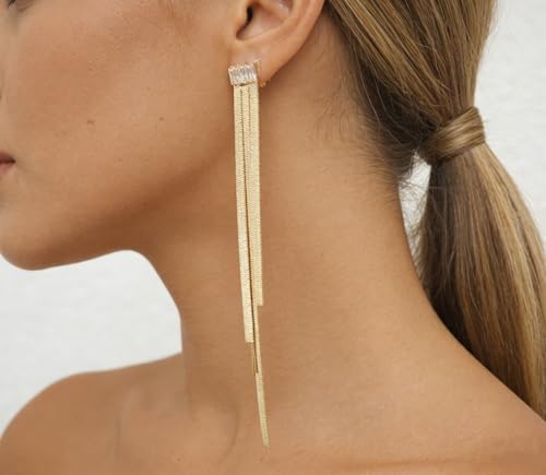 Gold Earrings for Women Trendy, Simple Dainty 14K Gold Plated Paperclip Square Chain Link Dangle Hoops Earrings Pin Stud Huggie Earrings Lightweight Hypoallergenic Minimalist Aesthetic Gold Jewelry for Christmas Gifts - color: tassel earrings-C