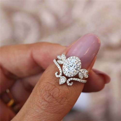 925 Sterling Silver Shiny Full Diamond Gemstone Ring 18K Gold 2PCS Oval Cut Cubic Zirconia Promise Rings Set CZ Diamond Multi Row Ring Eternity Engagement Wedding Band Ring Sets Z.113 (US Code 6) - size: US Code 6