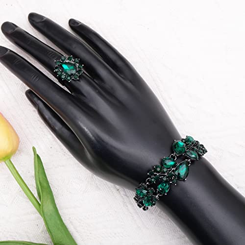 CSY 4 Pcs/Set Austrian Crystal Necklace Earrings Bracelet Ring Bridal Jewelry Sets for Brides Wedding Party Costume Accessories Gifts for Women - color: emerald--black tone