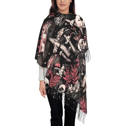 Skull Mushroom Hippie Scarf for Women– Winter Shawl with Tassels, Cozy Wrap for Women’s Festival & Casual Wear - color: Skull Hippie Mushroom
