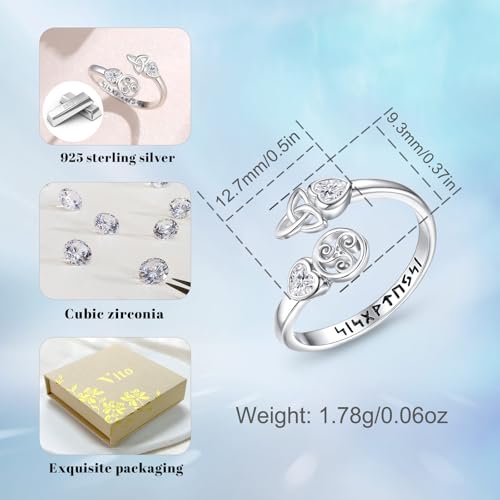 Vito 925 Sterling Silver Adjustable Open Spoon Ring for Women Men, Lotus Sunflower Snake Spoon Band Rings Feather Hug Witches Knot Inspirational Jewelry Gift for Wife - style: Trisquel and Triquetra