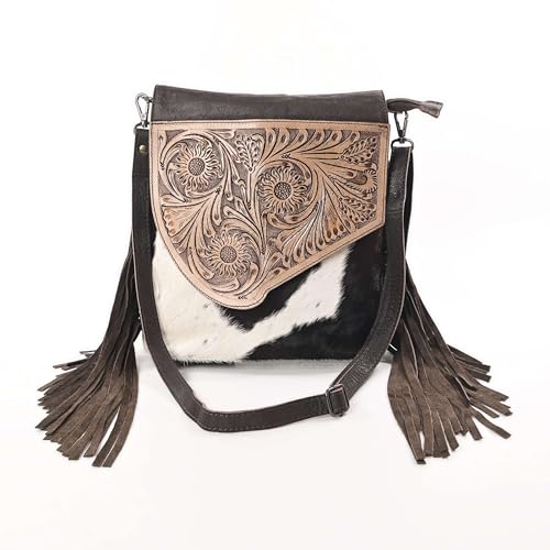 Merbaa Sunset Star Crossbody Bag - Real Cowhide Hairon Women's Handbag with Leather Fringes - color: Brown