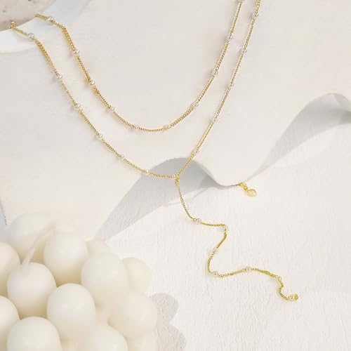 Luxval Lariat Silver Necklace for Women, Dainty Long Necklace Silver Y-Shaped Pendant Necklaces Trendy Beaded Chain Drop Necklaces Jewelry for Women Gifts - color: Gold-Y Pearl Necklace