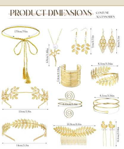 17 Pcs Greek Goddess Costume Accessories Set for Women Golden Leaf Headband Hair Clips Upper Earrings Arm Cuff Earrings Belt Toga Party Jewelry