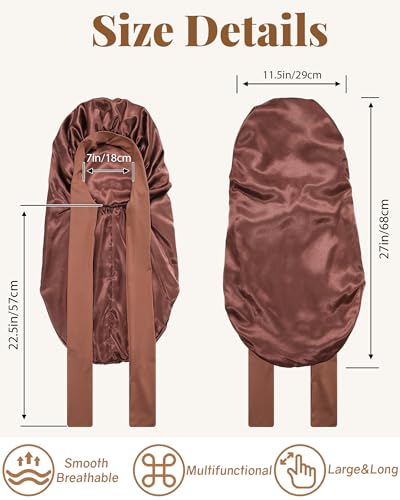 AWAYTR Long Satin Bonnet for Braids - Elastic Silk Hair Bonnets for Sleeping Night Cap Stretchy Tie Band for Women（Brown） - color: Brown
