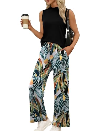 WIHOLL Two Piece Set for Women Summer Spring Outfits Cruise Travel Airport Beach Vacation Mock Neck Wide Leg Pants Set - color: Floral Palm Leaf, size: Medium