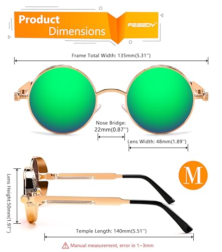 FEISEDY Retro Gothic Steampunk Sunglasses Round Metal Frame Punk Circle Inspired Shade Men B1857 - color: Gold/Green Mirror
