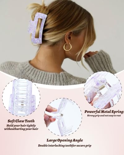 4Pcs Large Acrylic Hair Claw Clips, Nonslip Cute Hair Clips for Thick Hair and Long Hair, Rectangle Marble Claw Clips Hair Accessories for Women and Girls - color: White + Purple + Red + Blue