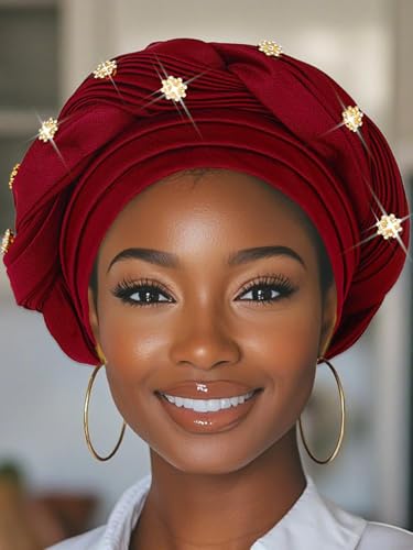 Woeoe Women African Turban Pre-Tied Twisted Beanie Cap Headwear Rhinestone Soft Stretchy Head Turbans - color: Color-2