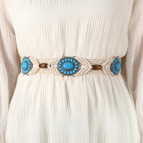 WHIPPY Boho Turquoise Belt for Women Wax Rope Braided Waist Belt Western Hand-Woven Bead Tassel Belts for Dress, 2” Wide - color: Light Beige