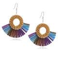 Boho Summer Beach Earrings for Women Lightweight Straw Wicker Earring Statement Raffia Fan Round Tassel Dangle Drop Earrings Hawaii Jewelry - style: Purple Round