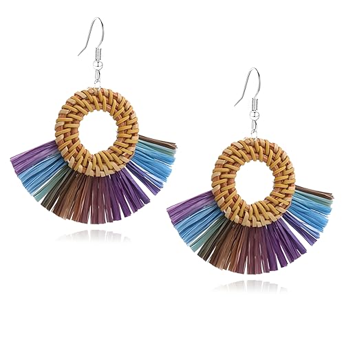 Boho Summer Beach Earrings for Women Lightweight Straw Wicker Earring Statement Raffia Fan Round Tassel Dangle Drop Earrings Hawaii Jewelry - style: Purple Round