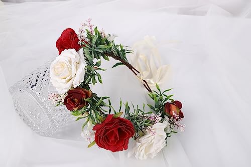Vivivalue Bridal Flower Crown Rose Flower Headband Hair Wreath Floral Headpiece Halo Boho with Ribbon Wedding Party Festival Photos - color: C