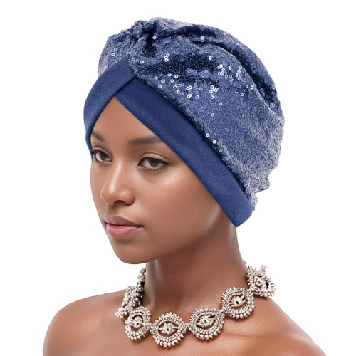 Erinaco Women Sparkle Sequin African Turban Bow Knot Pre-Tied Cap Pleated Ruffle Bonnet Beanie Hat Headwrap Skull Caps - color: Sparkle Navy Blue