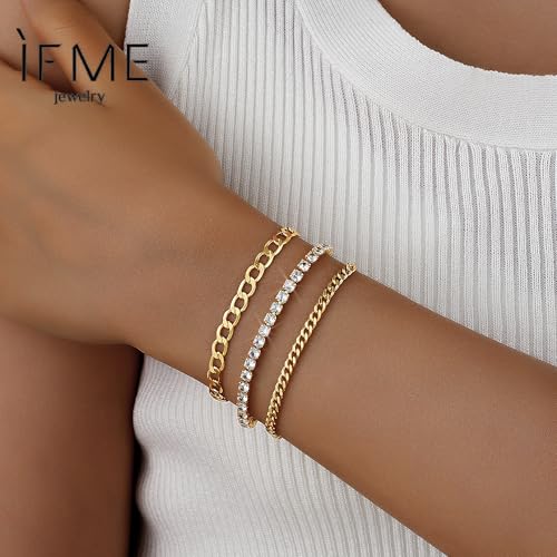 Gold Bracelets for Women, 14k Gold Plated Hand Chain Bracelet, 2 Pcs Ring Bracelets for Women Trendy Dainty Cubic Zirconia Bracelet Ring Bracelet Hand Jewelry Adjustable 6.3'+2' - style: CZ+cuban-1