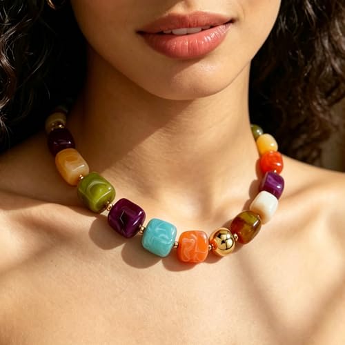GAUEIOUR Summer Beach Jewelry Chunky Beaded Necklace for Women Boho Charm Jewelry Accessories Surfer Trendy Statement Big Colorful Resin Bead Vcation Choker Necklaces