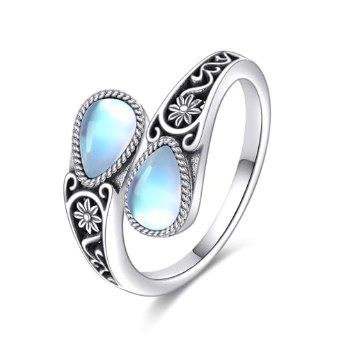 POPLYKE Sterling Silver Spoon Ring Vintage Thumb Rings Boho Adjustable Open Ring Statement Jewelry Gifts for Women - style: Filigree-Moonstone