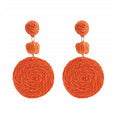 Boho Raffia Ball Earrings for Women, Handmade Statement Drop Earrings Straw Dangle Earrings Beach Vacation Jewelry - color: Orange